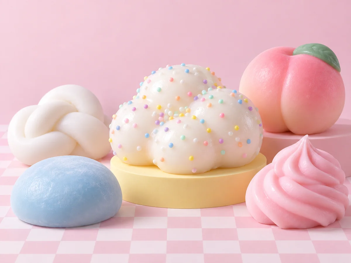 A playful collection of pastel squishy toys on butter-yellow pedestals in a pink studio