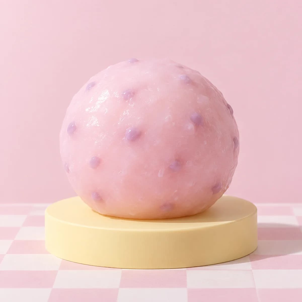 Glossy pastel pink round mochi blob with small lilac rice-style bead bumps visible through its shell in the HeySquishy pastel studio.