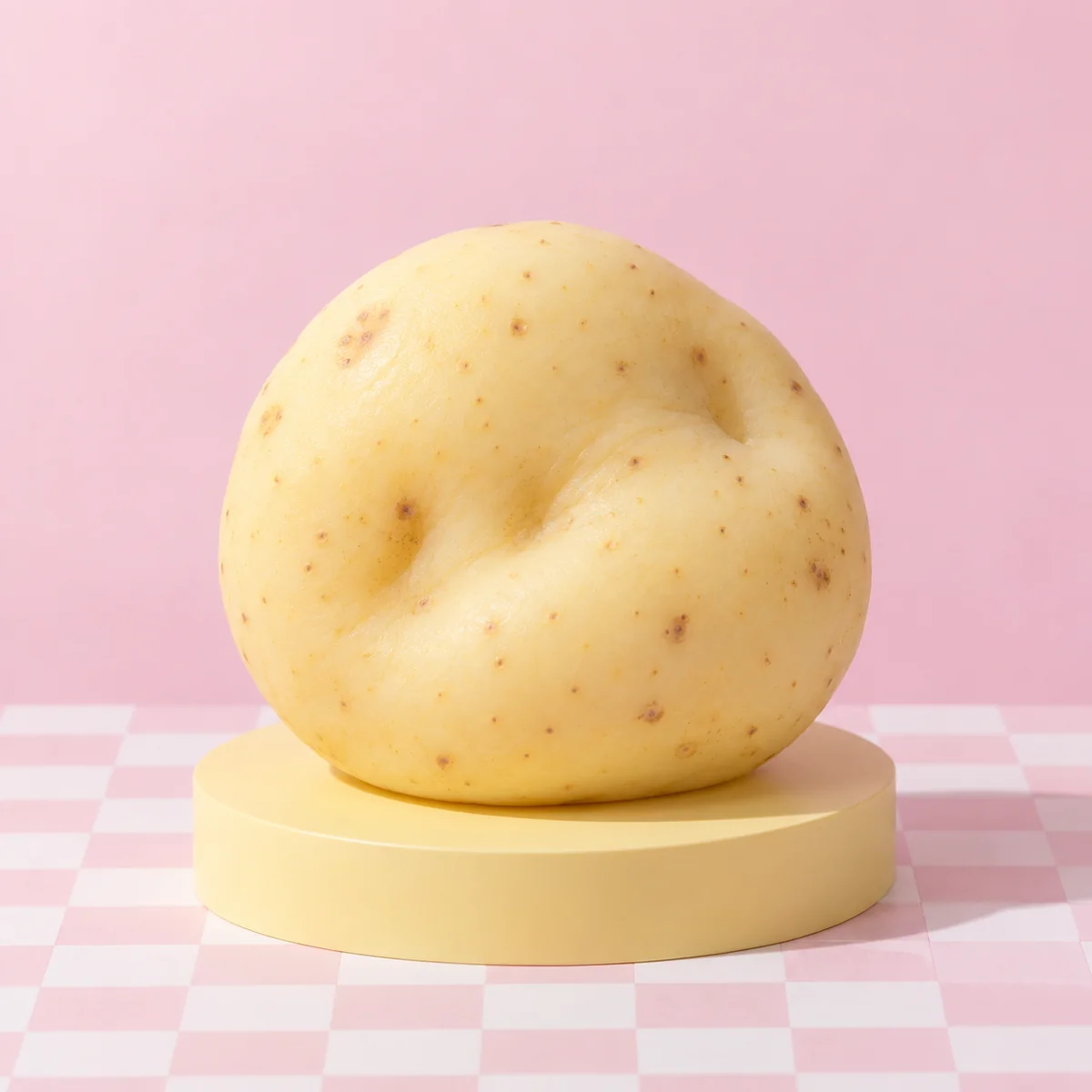 Warm pale buttery-yellow rounded dough-like blob with fine dark potato-skin flecks and soft irregular contours in the HeySquishy pastel studio.