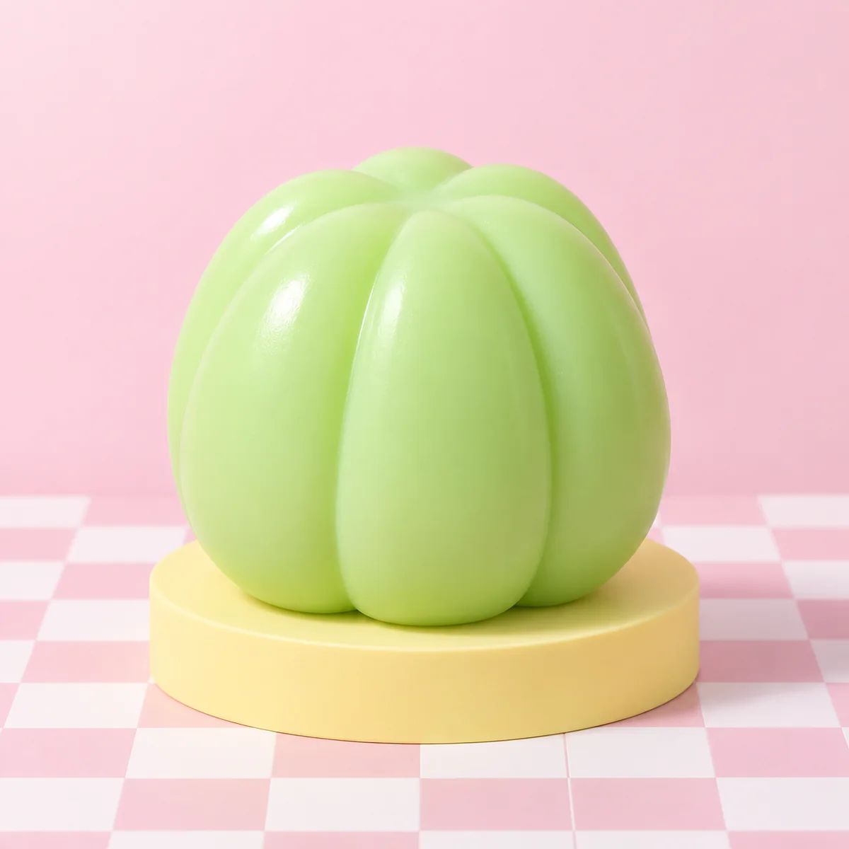 Bright pastel lime-green glossy rounded blob with a softly folded, mouldable surface in the HeySquishy pastel studio.