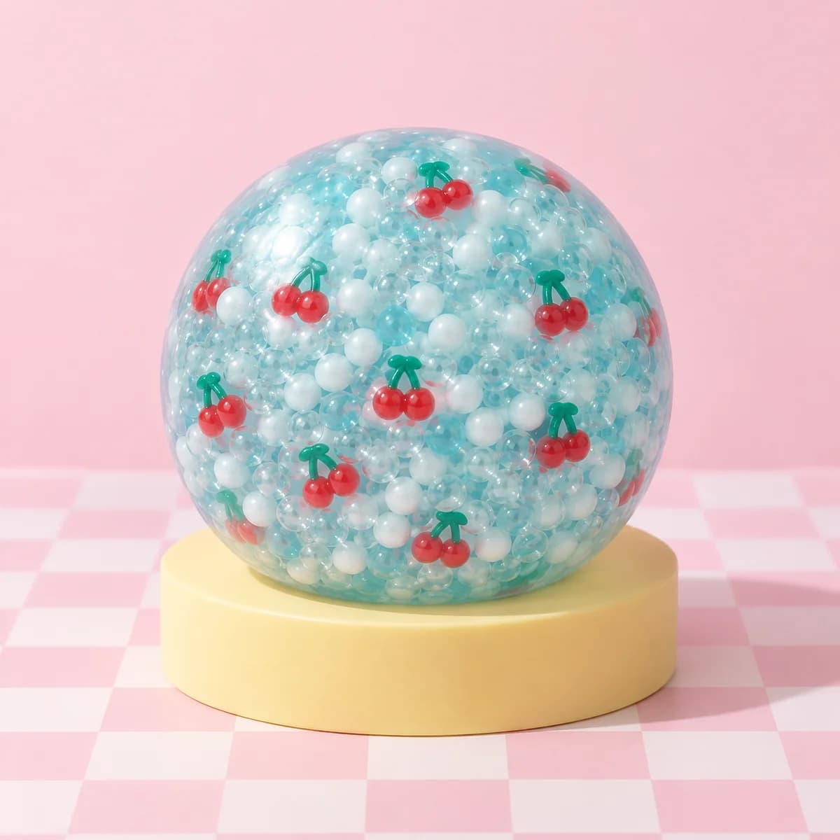 Icy aqua-blue round blob densely filled with white and clear small round beads plus tiny red cherry charms in the HeySquishy pastel studio.