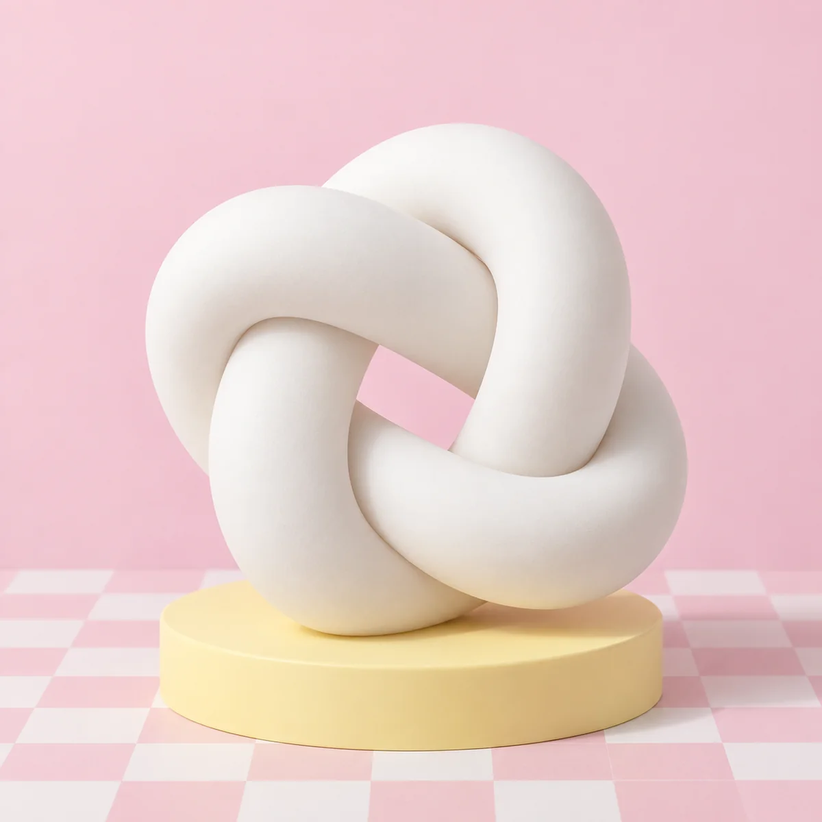 Thick velvety-white soft tubular rope twisted into a loose open knot with rounded overlapping loops in the HeySquishy pastel studio.