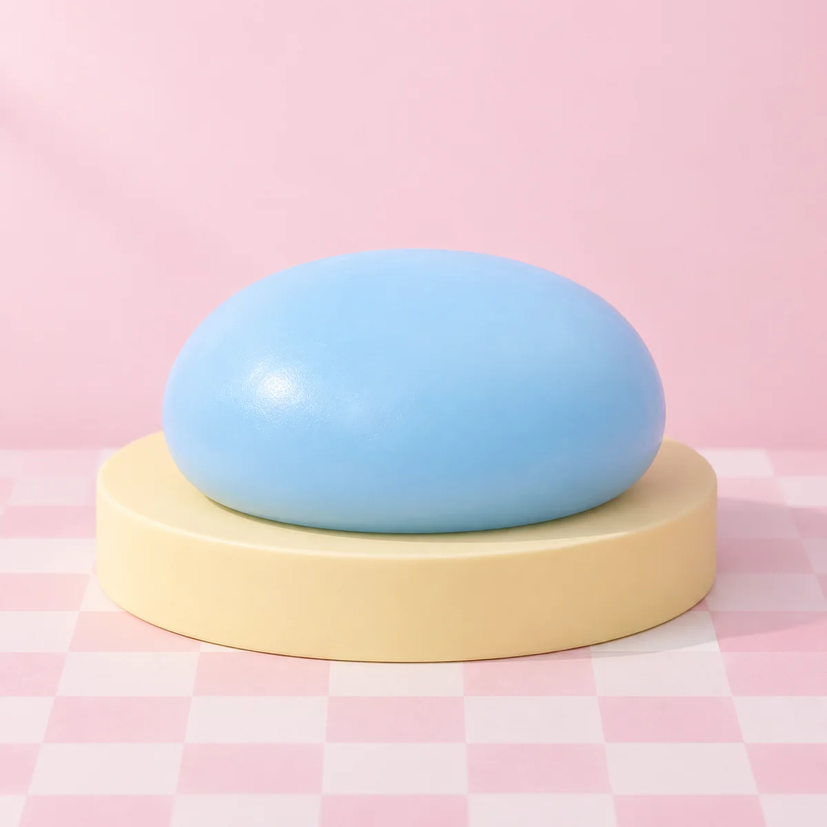 Smooth flattened round mochi mound with soft uneven edges; pale translucent white, sky-blue and amber-yellow options in the HeySquishy pastel studio.