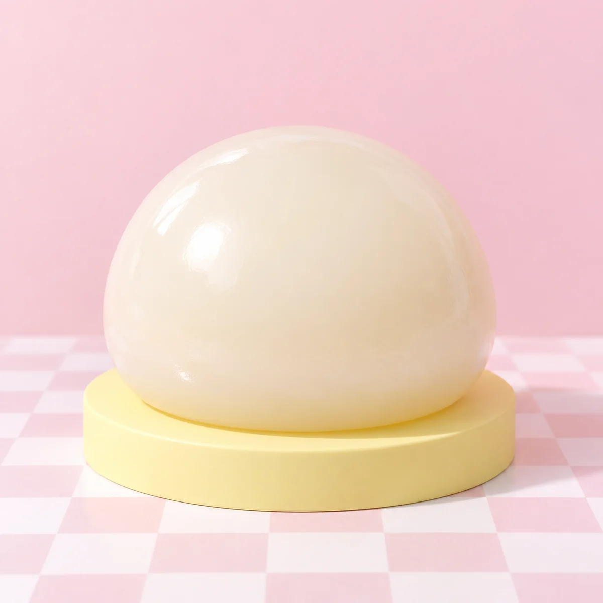 Smooth round flattened ivory or pale cream translucent squishy with a very glossy reflective surface in the HeySquishy pastel studio.