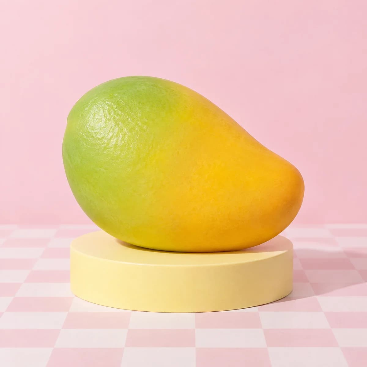 Realistic asymmetrical rounded mango shape, smooth glossy surface, green-to-golden-yellow colour gradient in the HeySquishy pastel studio.