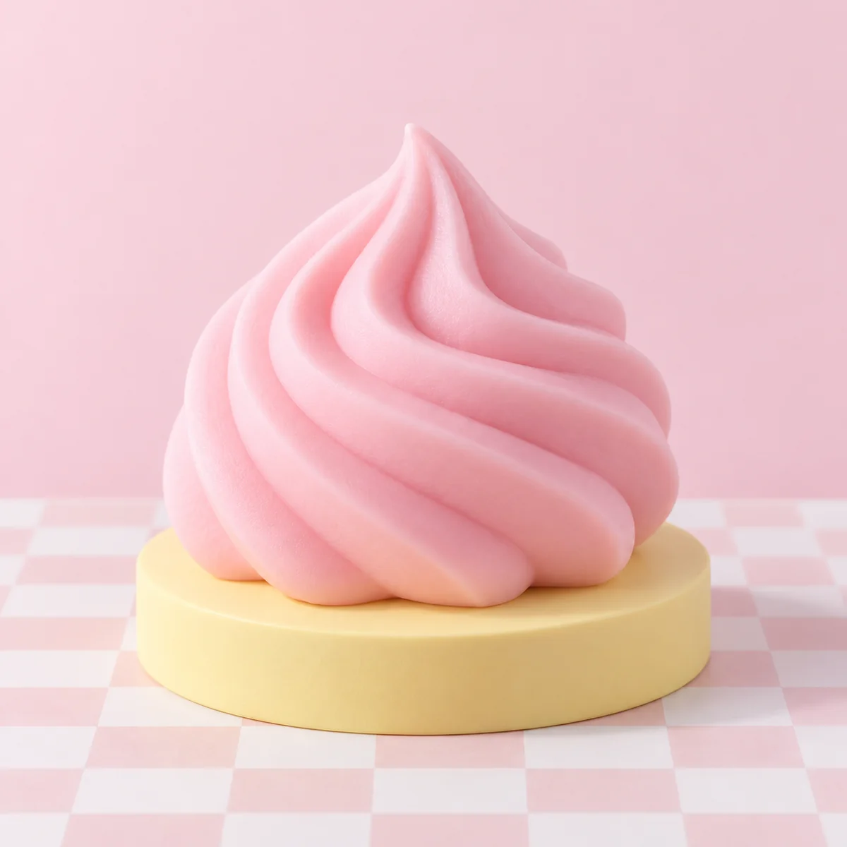 Piped whipped-cream rosette dome with layered ridges and a pointed swirl, in cream, pastel pink or pale blue in the HeySquishy pastel studio.