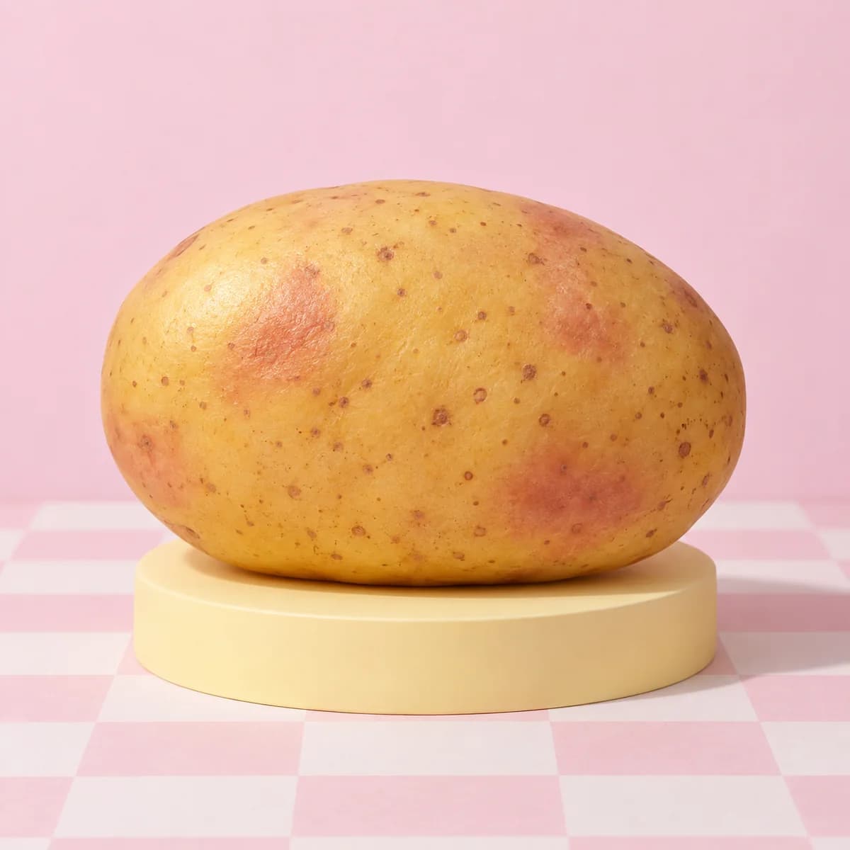 Oversized oval golden-yellow potato form with tiny brown skin speckles and warm reddish blush patches in the HeySquishy pastel studio.