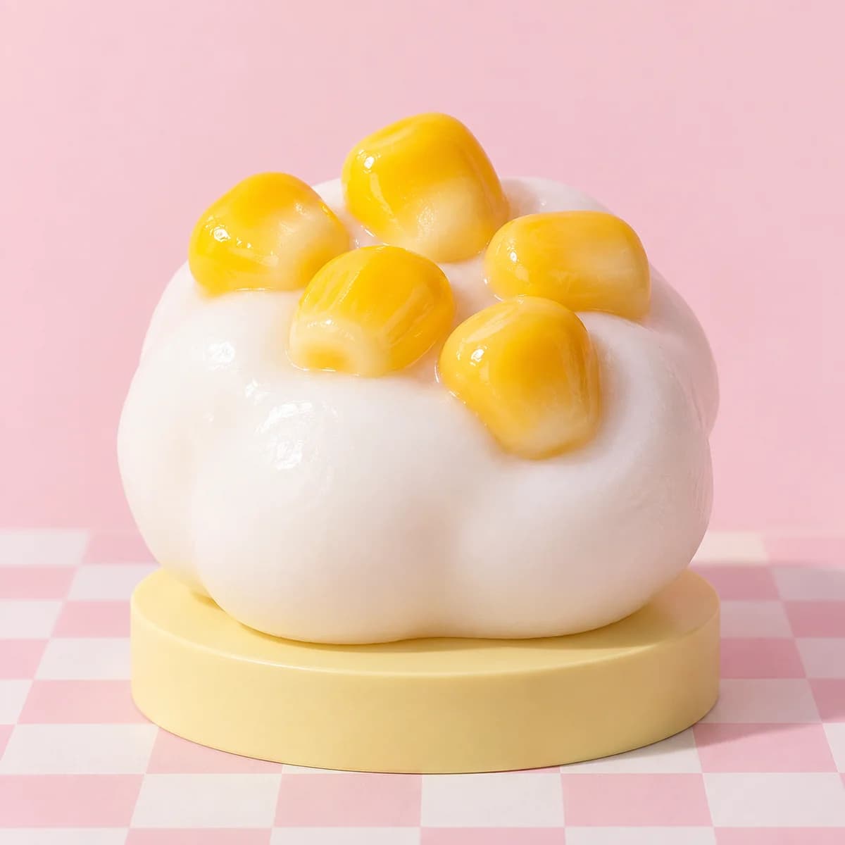 White glossy round squishy blob with five small bright yellow corn-kernel shapes clustered on top in the HeySquishy pastel studio.