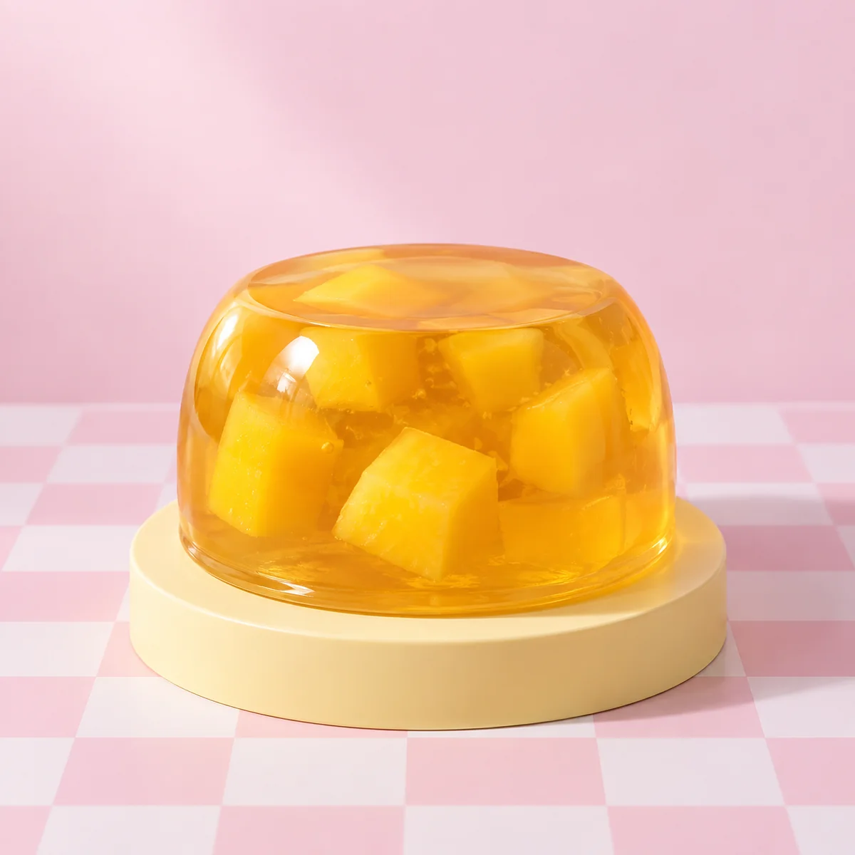Translucent glossy amber-gold round pudding blob containing several small golden mango cubes in the HeySquishy pastel studio.
