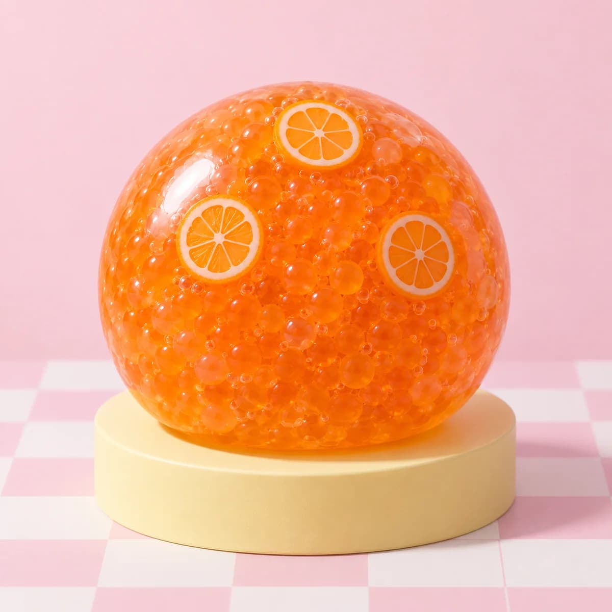 Translucent orange round squishy filled with tiny pale orange beads and decorated with three orange-slice details in the HeySquishy pastel studio.