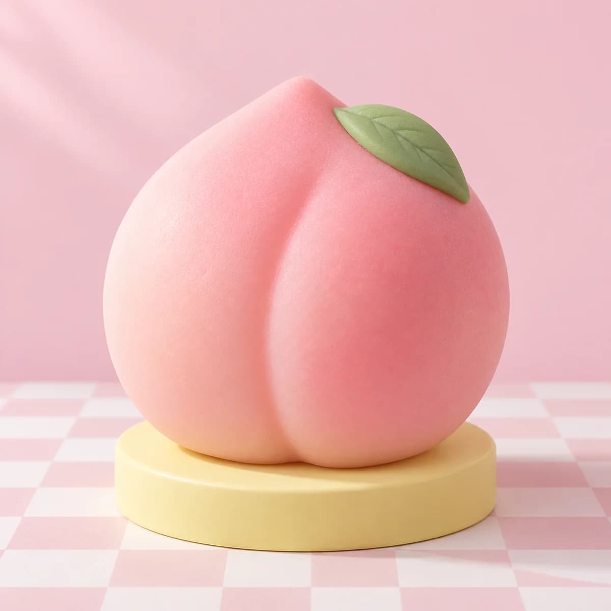 Glossy pale blush-pink peach shape with rounded sides, a tapered pointed top and a subtle central crease in the HeySquishy pastel studio.