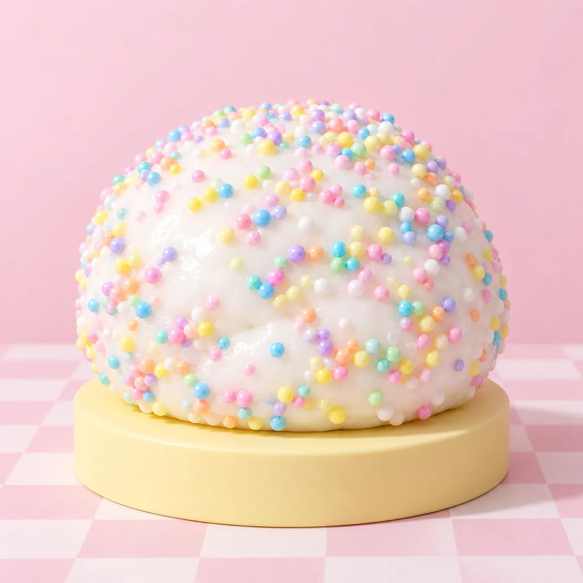 Glossy white marshmallow-like rounded blob with pastel rainbow foam beads scattered through the body in the HeySquishy pastel studio.
