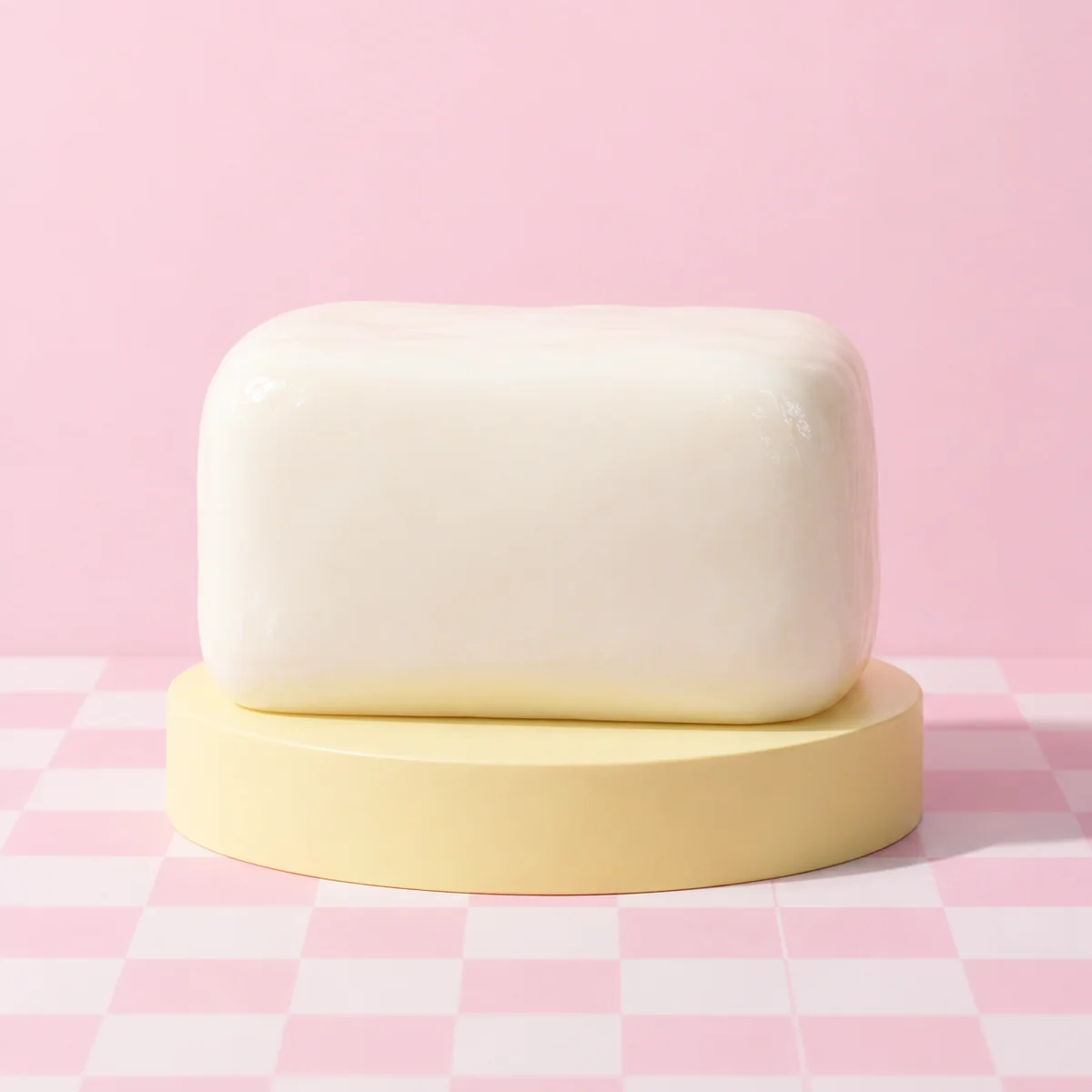 Small white rectangular pillow block with rounded corners, slightly raised edge seams and a glossy soft surface in the HeySquishy pastel studio.
